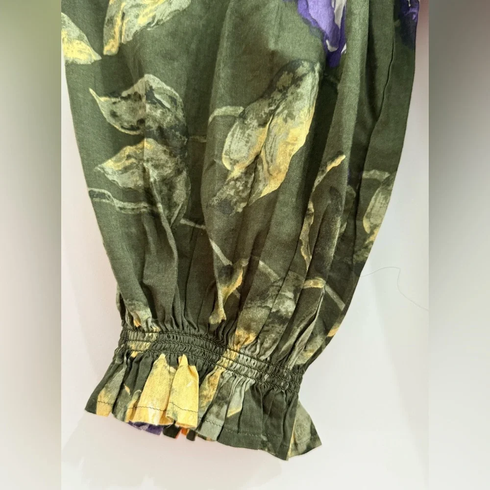 NWT Lauren Ralph Lauren dark green button down puff sleeve top w/ floral pattern - Picture 6 of 10